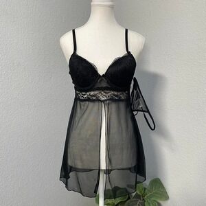 🆕 FLORA BLACK SHEER OPEN FRONT BABYDOLL 2 PIECE SET LINGERIE SET LACE TRIM
